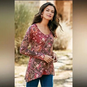 SOFT SURROUNDINGS Alisanna Tunic Top Women Size M (10-12) Coral Floral